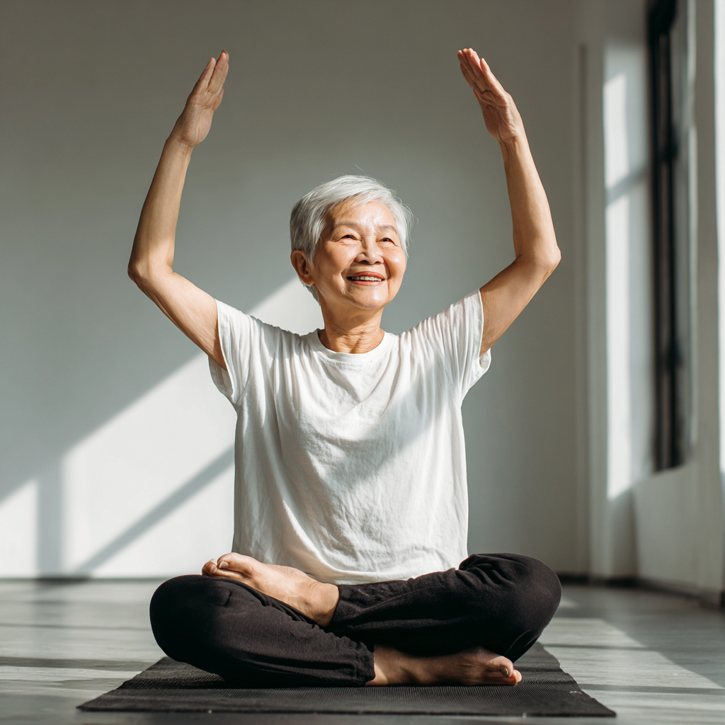 Пожилая европейская женщина с улыбкой практикует мягкую йогу на коврике в светлой студии, демонстрируя правильную позу для укрепления мышц