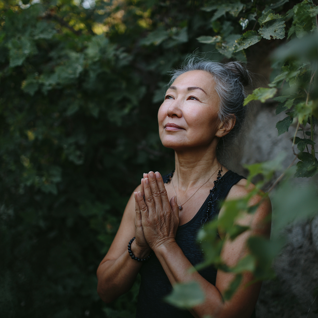 Спокойная пожилая европейская женщина медитирует в позе лотоса с закрытыми глазами, демонстрируя принципы mindfulness и осознанной практики йоги